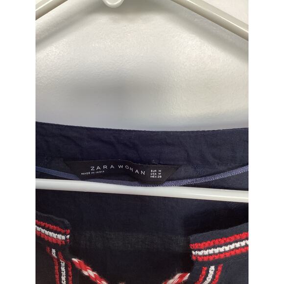 Zara embroidered tassel ties nautical Navy boho top blouse size medium vacation - Picture 4 of 10